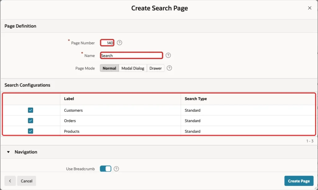 Create Search Page wizard with page number 140, name Search and the three search configurations Customers, Orders and Products selected, marked with red boxes