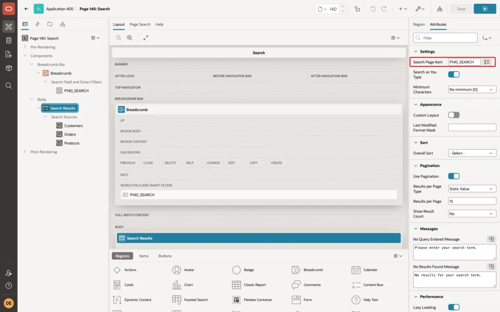 Page Designer showing the Search Results region with Search Sources Customers, Orders and Products and Search Page Item P140_SEARCH marked with a red box