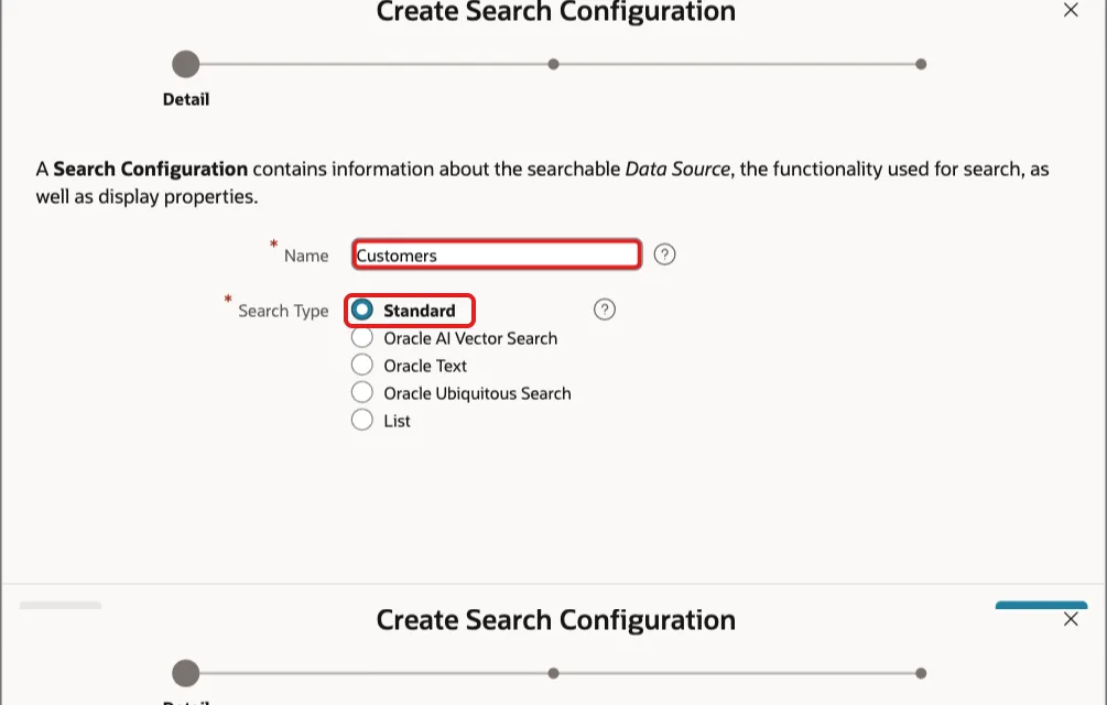 Create Search Configuration wizard Detail step with Name Customers and Search Type Standard marked with red boxes