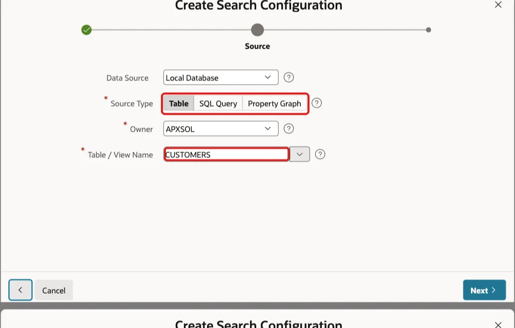 Create Search Configuration wizard Source step with Source Type Table and table CUSTOMERS marked with red boxes