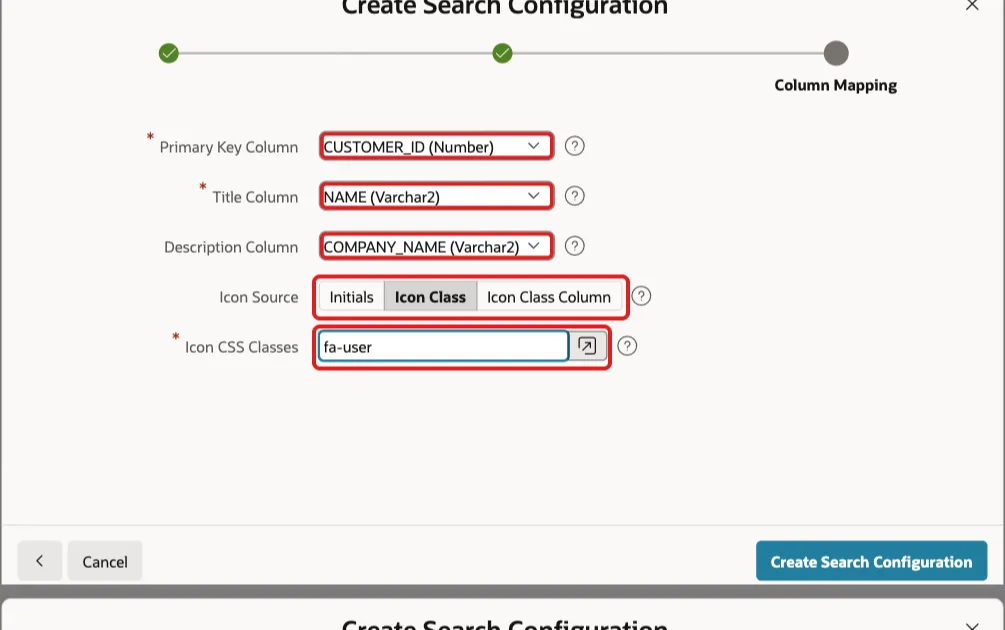 Create Search Configuration wizard Column Mapping step with primary key CUSTOMER_ID, title NAME, description COMPANY_NAME, Icon Class and fa-user marked with red boxes