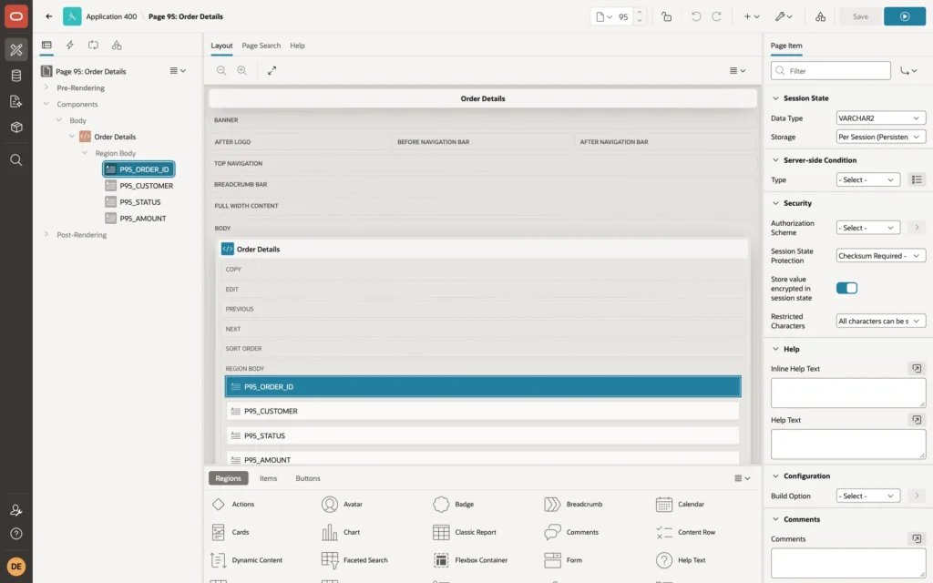 Page Designer showing P95_ORDER_ID Security properties with Session State Protection Checksum Required