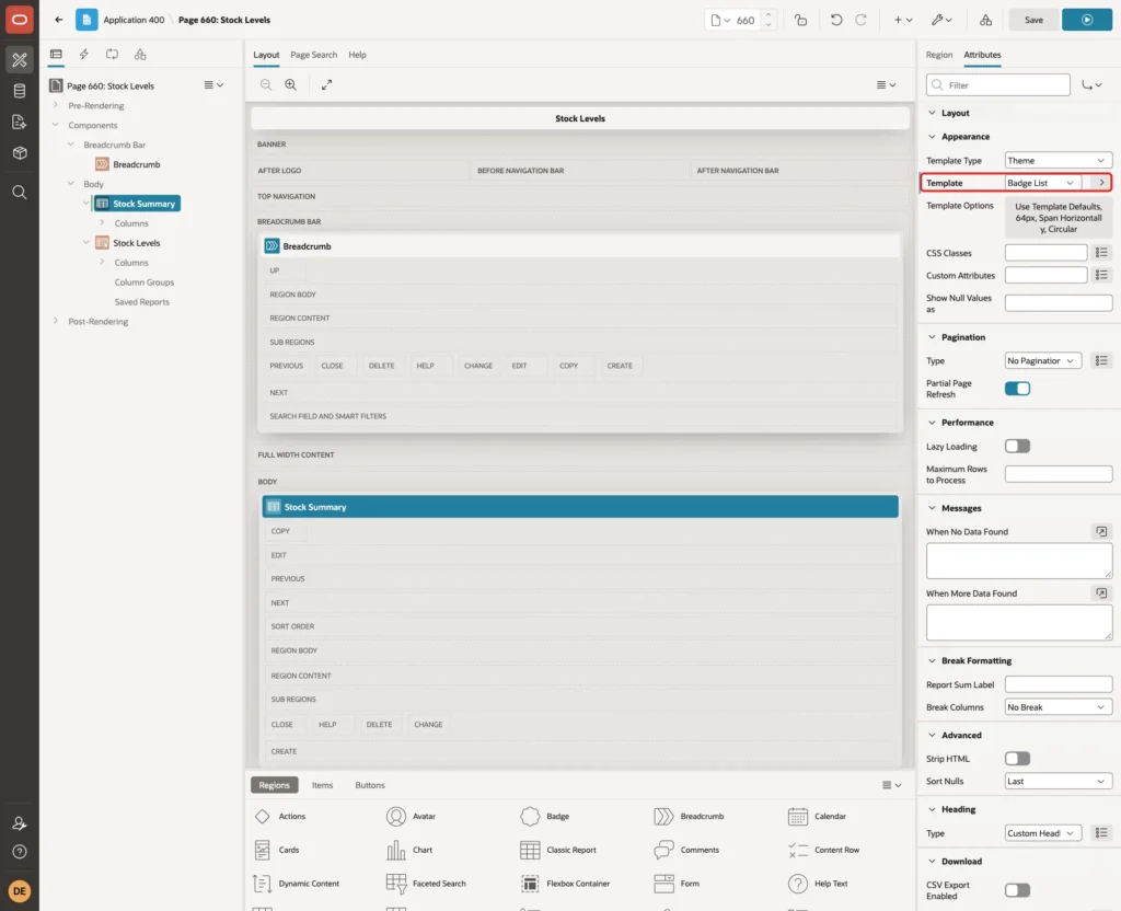Stock Summary region Attributes with Appearance Template Badge List marked with a red box