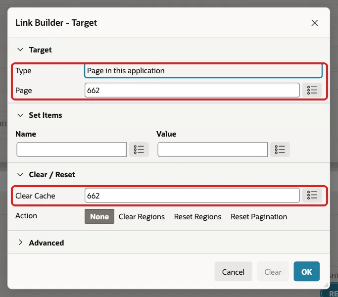 Link Builder Target dialog of the button with Page 662 and Clear Cache 662 marked with red boxes