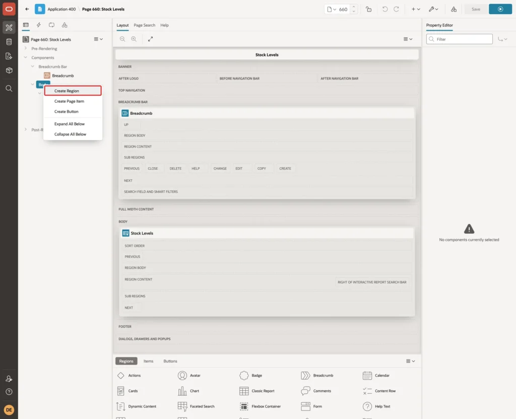 Context menu on Body in the Page Designer tree with Create Region marked with a red box