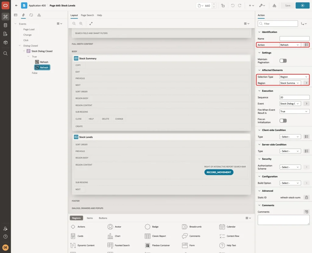 Second Refresh action with Affected Elements Selection Type Region and Region Stock Summary marked with red boxes