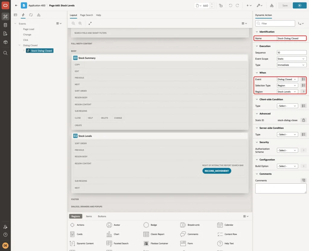 Dynamic action Stock Dialog Closed with Event Dialog Closed, Selection Type Region and Region Stock Levels marked with red boxes