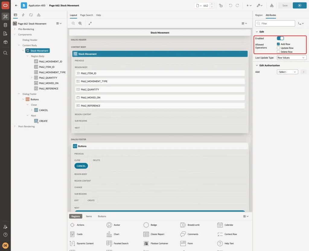 Stock Movement form region Attributes with Edit Enabled and only Add Row checked in Allowed Operations, marked with a red box