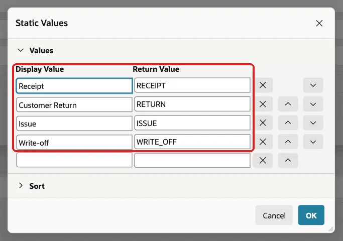 Static Values dialog with Receipt RECEIPT, Customer Return RETURN, Issue ISSUE and Write-off WRITE_OFF marked with a red box