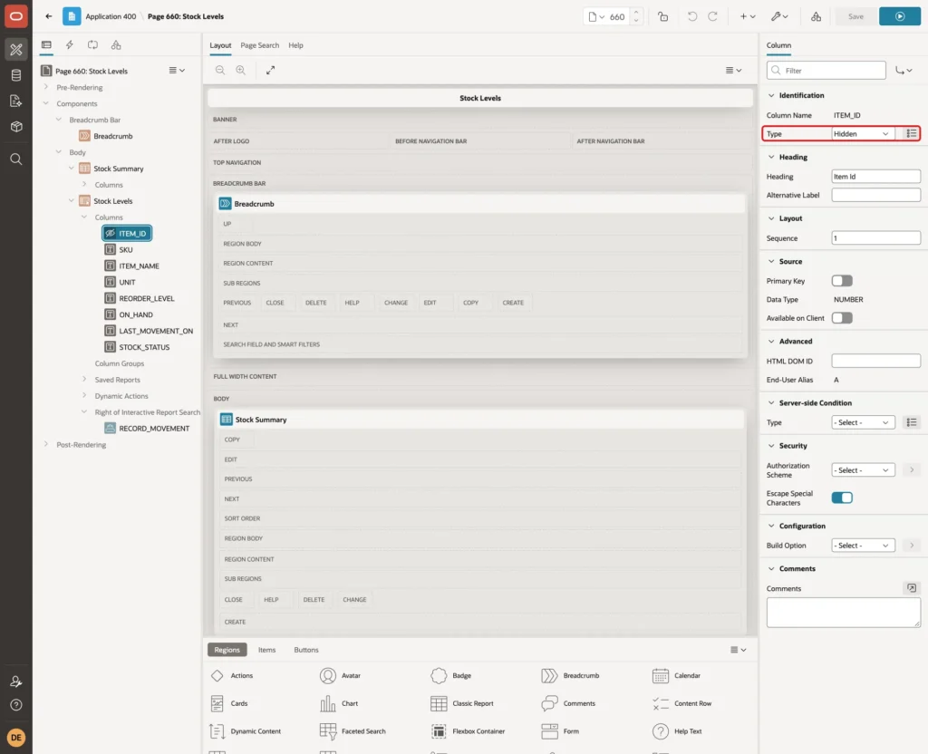 Column ITEM_ID of the Stock Levels report with Type Hidden marked with a red box