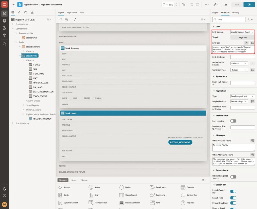 Stock Levels report Attributes with Link Column Link to Custom Target, Target Page 662 and the Link Icon marked with a red box