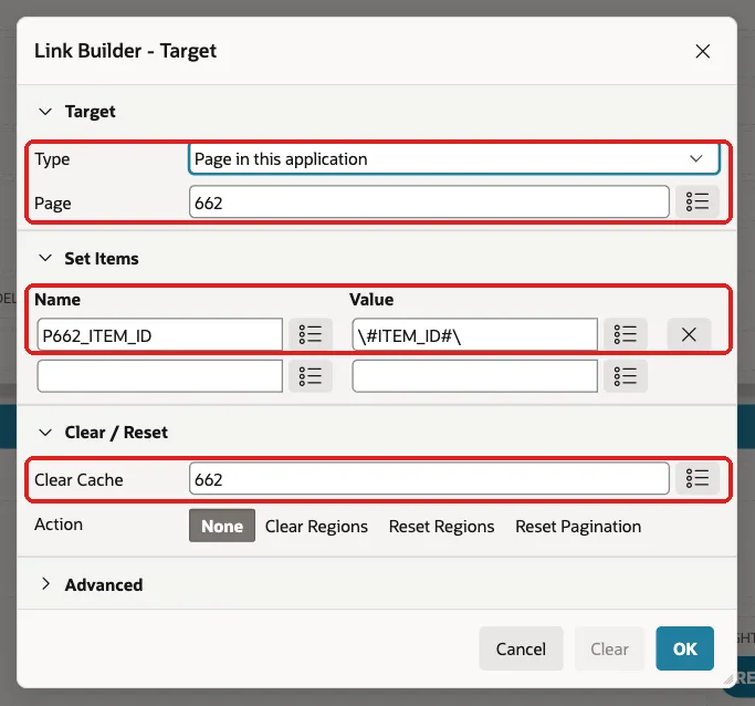 Link Builder Target dialog with Page 662, item P662_ITEM_ID set to the ITEM_ID column and Clear Cache 662 marked with red boxes