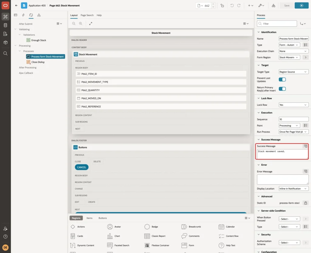 Process form Stock Movement with Success Message Stock movement saved. marked with a red box