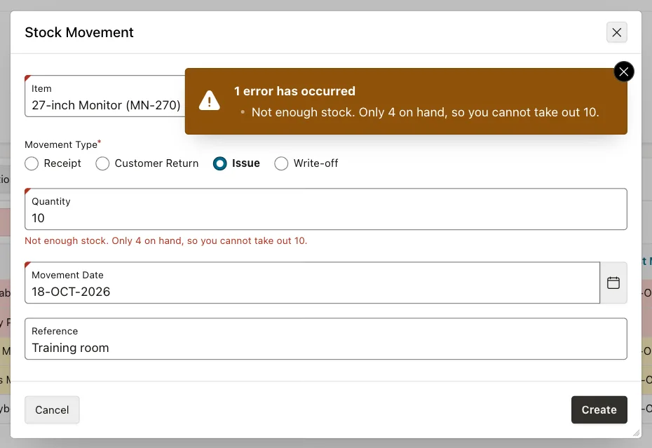 Stock Movement dialog with the error Not enough stock. Only 4 on hand, so you cannot take out 10. below the Quantity field and in the notification