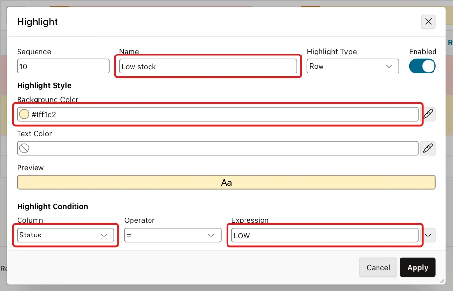 Highlight dialog with Name Low stock, Background Color #fff1c2, Column Status and Expression LOW marked with red boxes