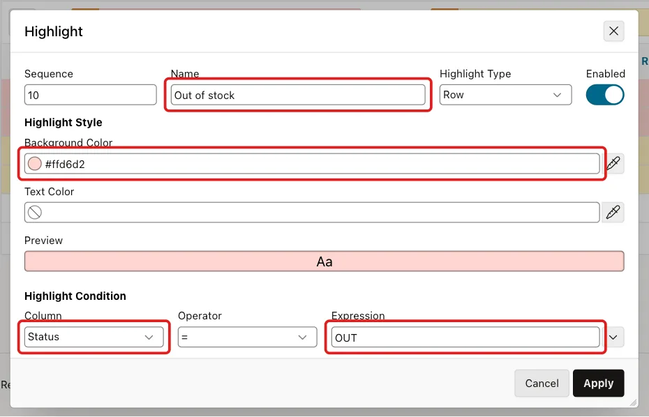 Highlight dialog with Name Out of stock, Background Color #ffd6d2, Column Status and Expression OUT marked with red boxes