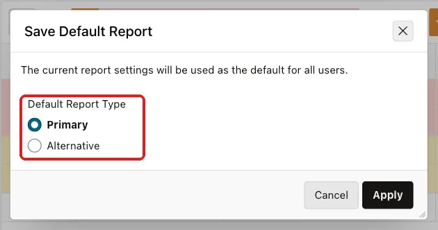 Save Default Report dialog with Default Report Type Primary marked with a red box