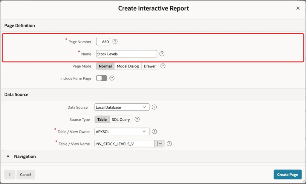 Create Interactive Report wizard with Page Number 660 and Name Stock Levels marked with a red box