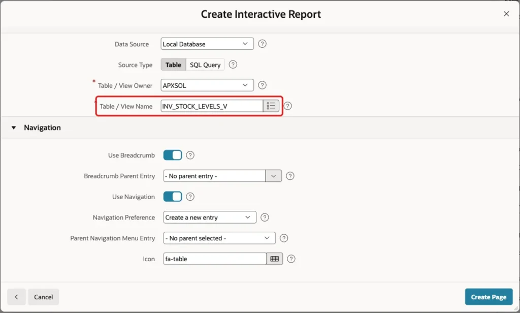 Data Source section with Table / View Name INV_STOCK_LEVELS_V marked with a red box