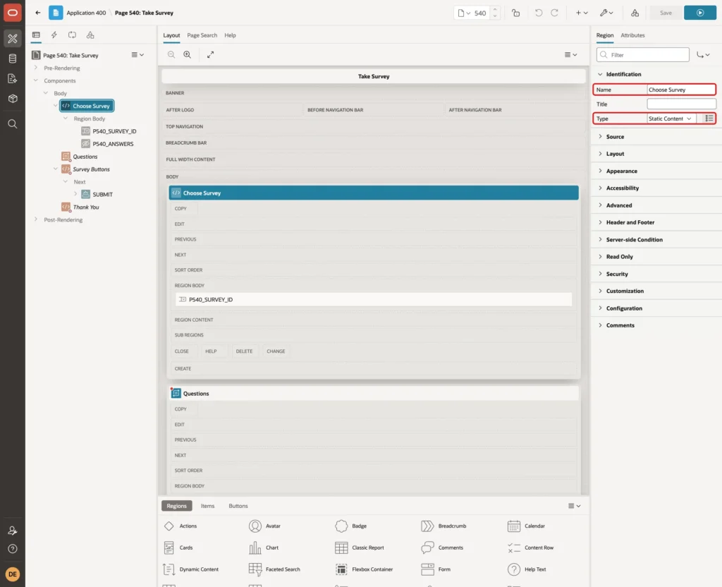 Region Choose Survey with Name and Type Static Content marked with red boxes