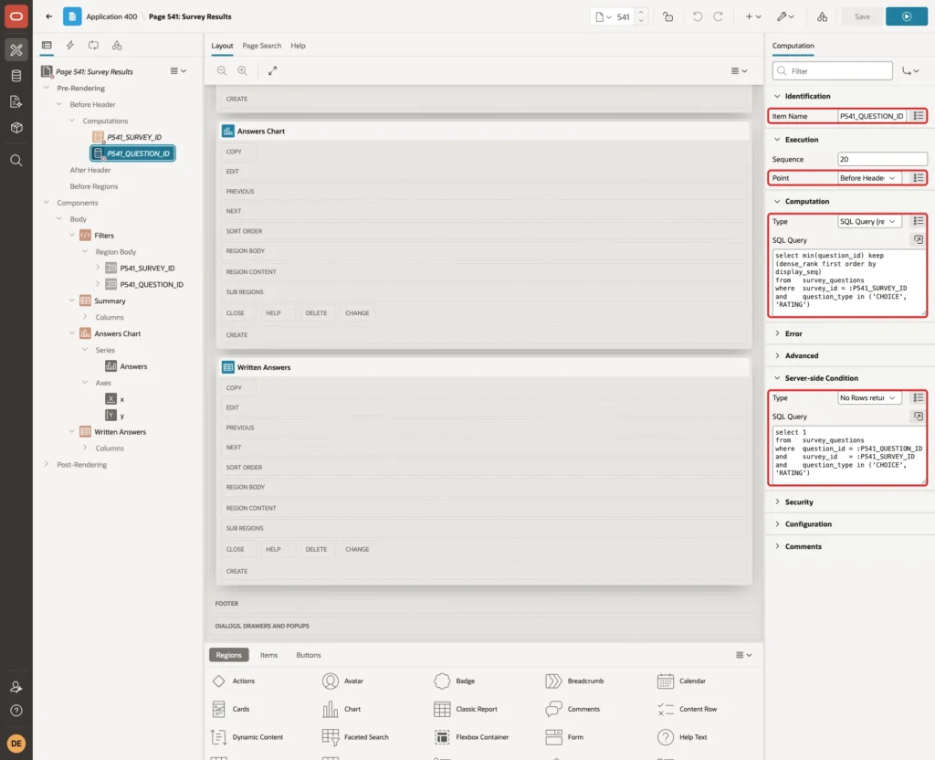 Computation for P541_QUESTION_ID at Before Header with SQL Query and No Rows returned condition marked with red boxes