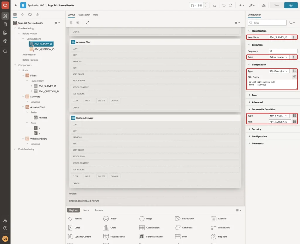 Computation for P541_SURVEY_ID at Before Header with SQL Query and condition Item is NULL marked with red boxes