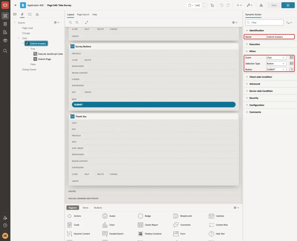 Dynamic action Submit answers with Event Click, Selection Type Button and Button SUBMIT marked with red boxes