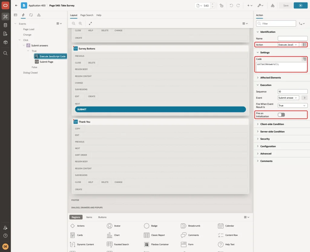 True action Execute JavaScript Code with code collectAnswers() and Fire on Initialization off marked with red boxes