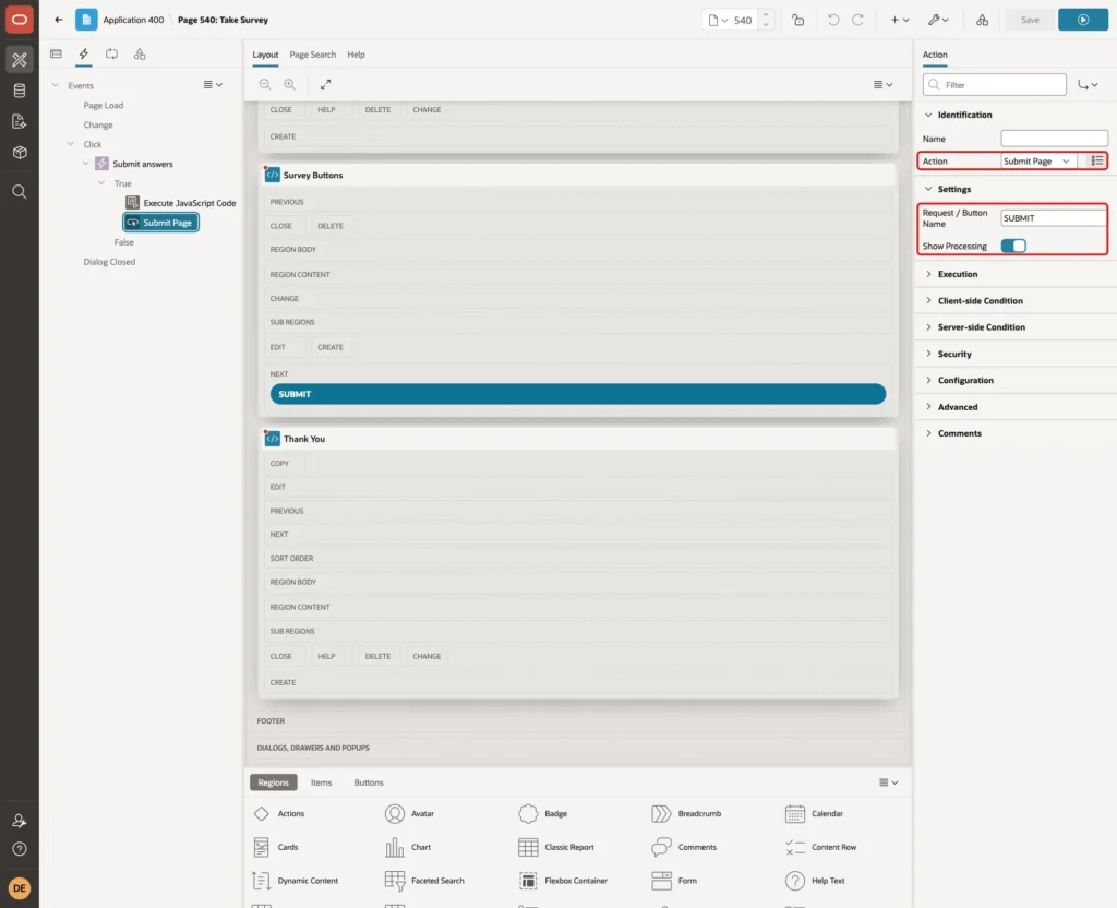 True action Submit Page with Request / Button Name SUBMIT and Show Processing on marked with red boxes