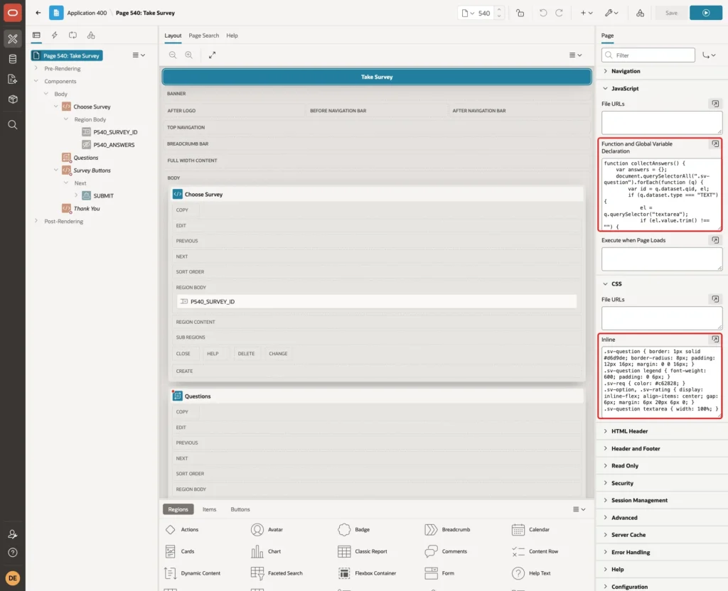 Page Designer with page 540 selected; Function and Global Variable Declaration and CSS Inline marked with red boxes