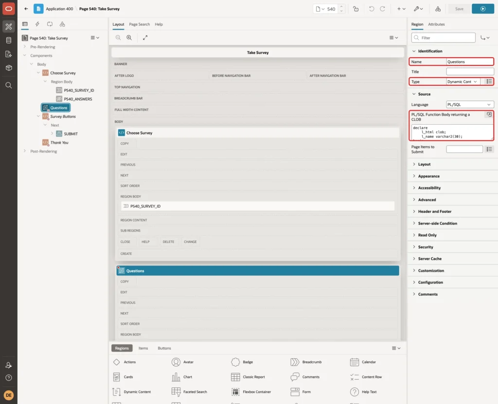 Region Questions with Type Dynamic Content and the PL/SQL Function Body returning a CLOB marked with red boxes