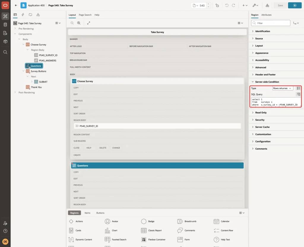 Server-side Condition of region Questions with Type Rows returned and the SQL Query marked with a red box