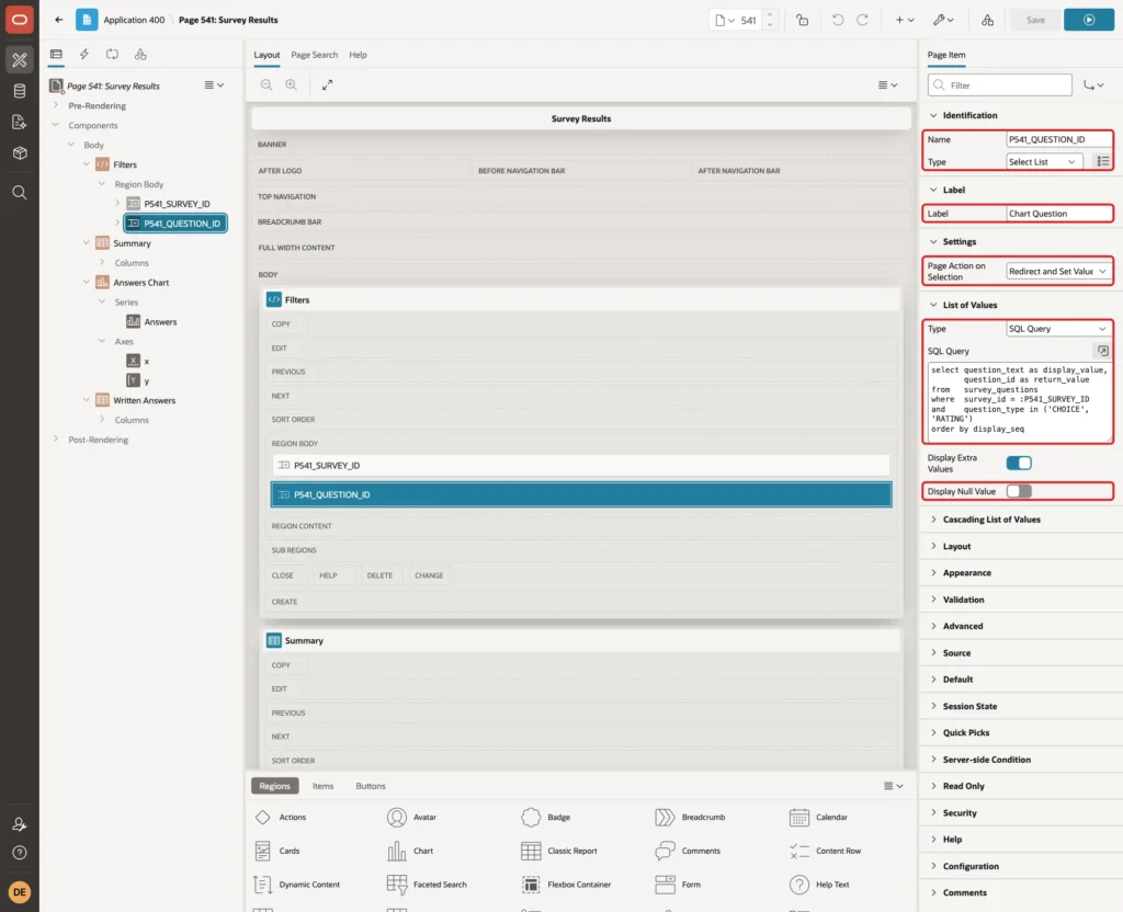 Page item P541_QUESTION_ID with Type Select List, Label Chart Question, Redirect and Set Value, SQL Query and Display Null Value off marked with red boxes