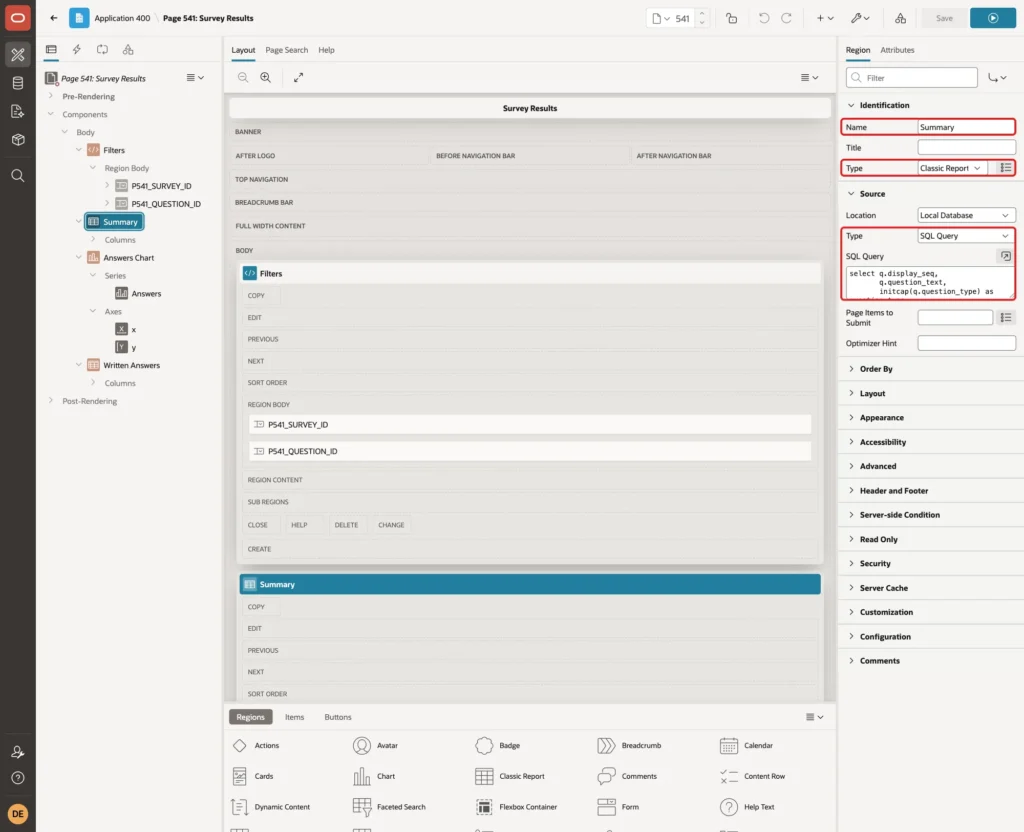 Region Summary with Type Classic Report, Source Type SQL Query and the query marked with red boxes