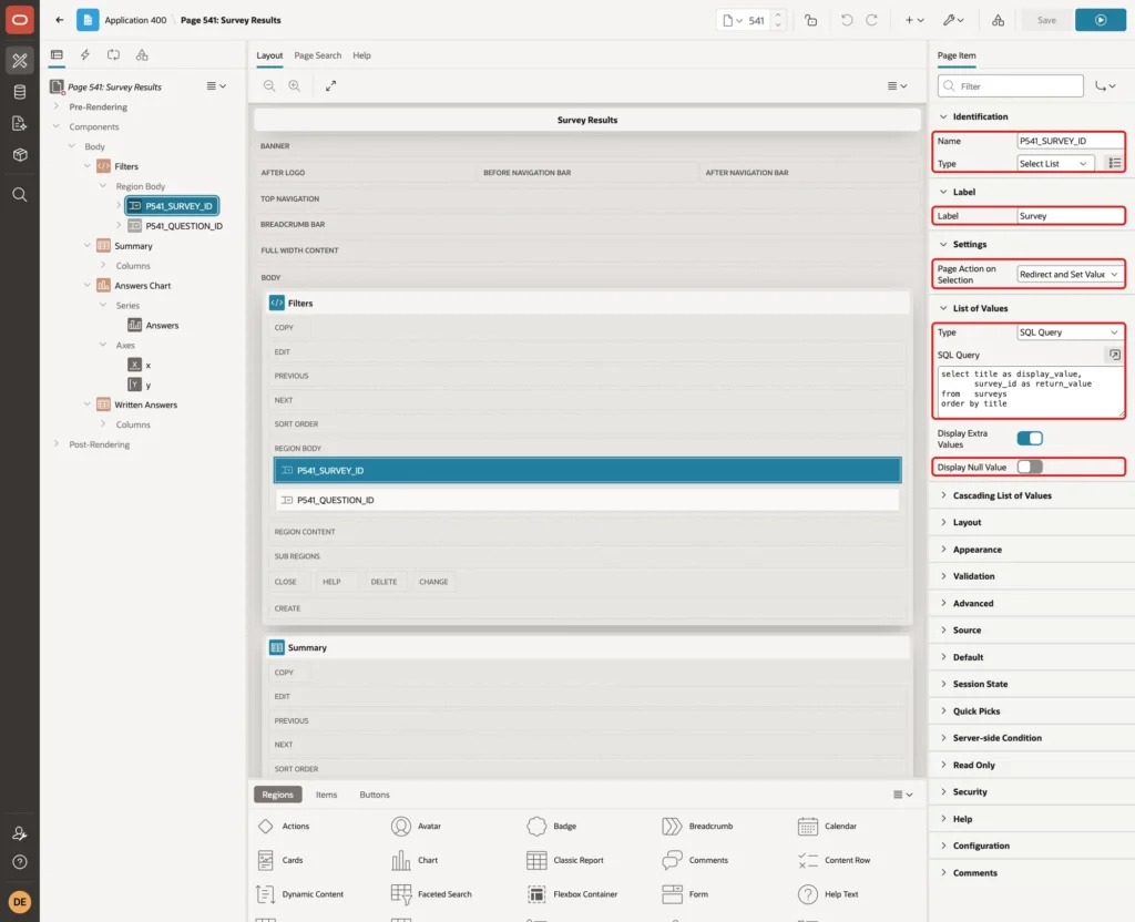 Page item P541_SURVEY_ID with Type Select List, Label Survey, Redirect and Set Value, SQL Query and Display Null Value off marked with red boxes