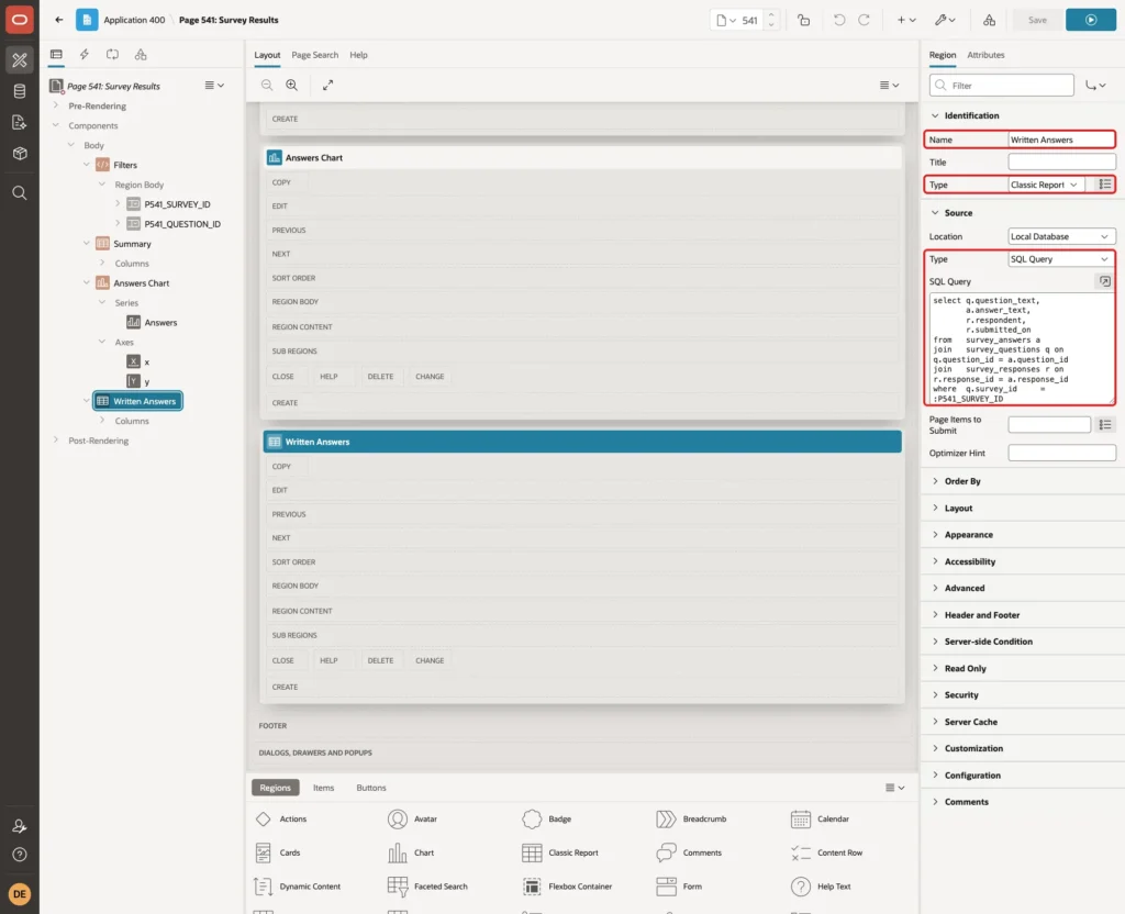 Region Written Answers with Type Classic Report and the SQL Query marked with red boxes