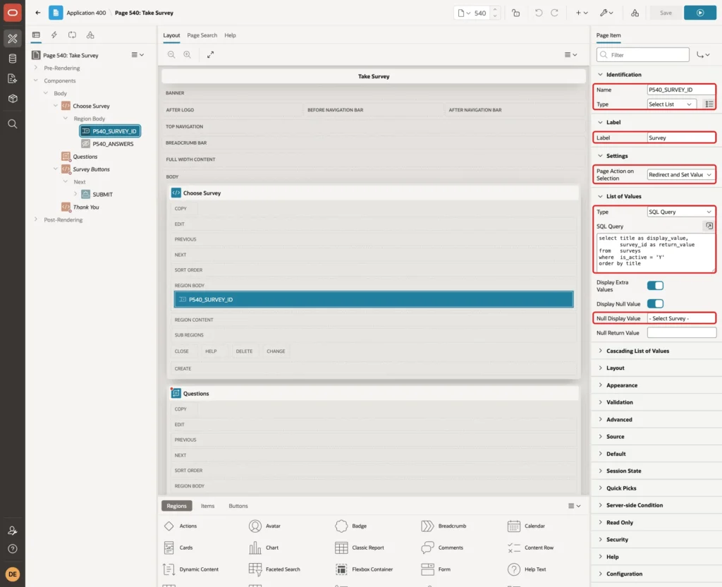 Page item P540_SURVEY_ID with Type Select List, Label Survey, Page Action on Selection Redirect and Set Value, SQL Query and Null Display Value marked with red boxes