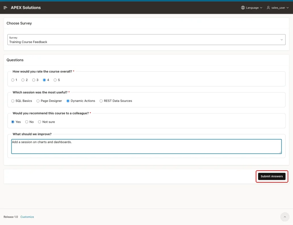 Take Survey page filled in by SALES_USER with rating 4, Dynamic Actions, Yes and a suggestion; Submit Answers marked with a red box