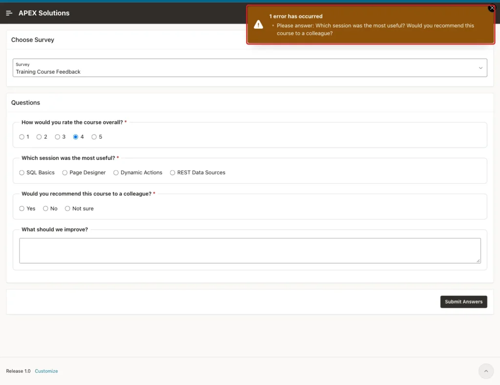 Take Survey page with the error Please answer: Which session was the most useful? Would you recommend this course to a colleague? marked with a red box