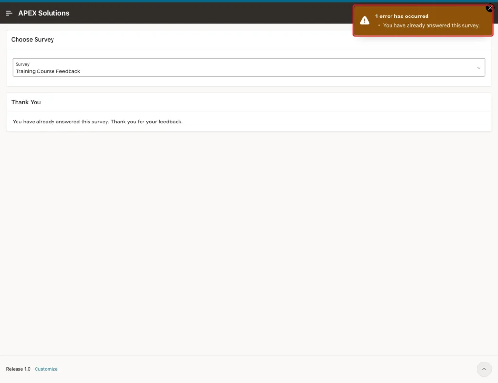 Take Survey page for SALES_USER with the error You have already answered this survey. marked with a red box