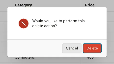 APEX confirmation dialog Would you like to perform this delete action? with Cancel and Delete buttons