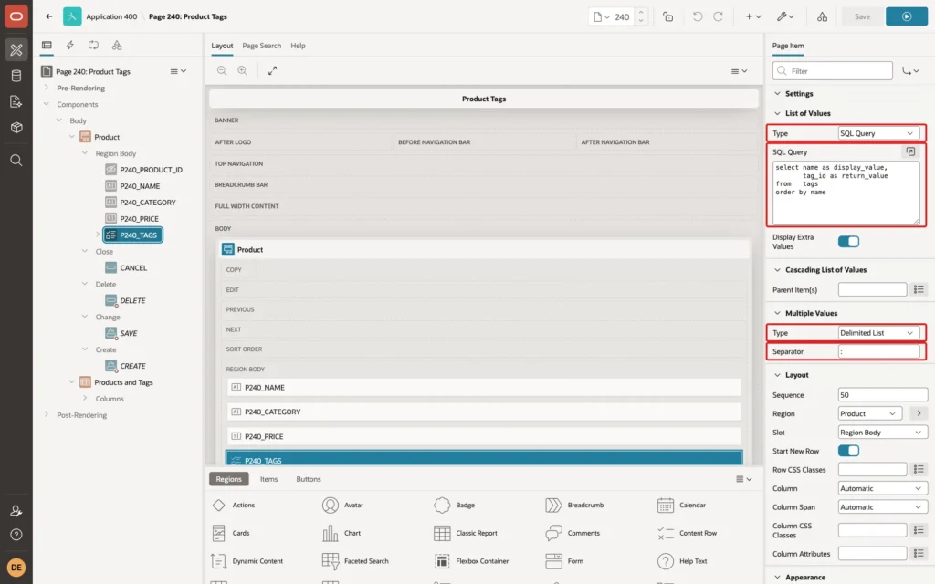 Page Designer showing the List of Values Type SQL Query with the query, and Multiple Values Type Delimited List with Separator colon marked with red boxes