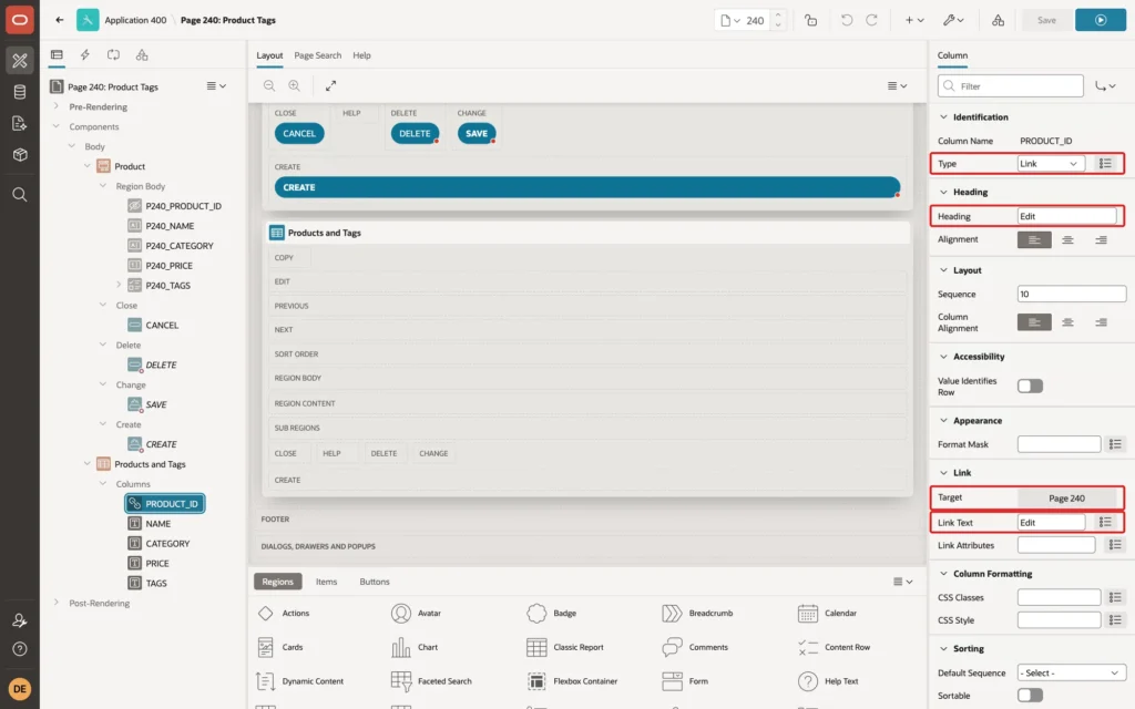 Page Designer showing the PRODUCT_ID column with Type Link, Heading Edit, Target Page 240 and Link Text Edit marked with red boxes