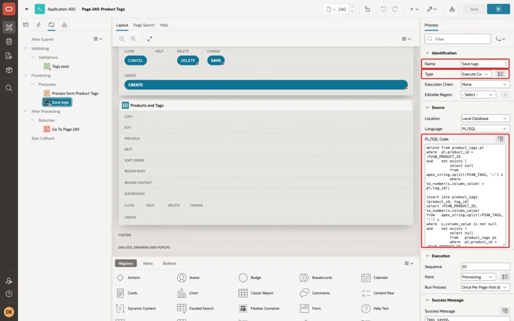 Page Designer showing the Save tags process with Type Execute Code and its PL/SQL code marked with red boxes