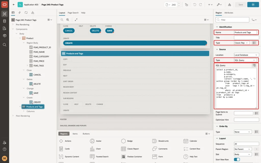 Page Designer showing the Products and Tags region with Type Classic Report, Source Type SQL Query and the LISTAGG query marked with red boxes