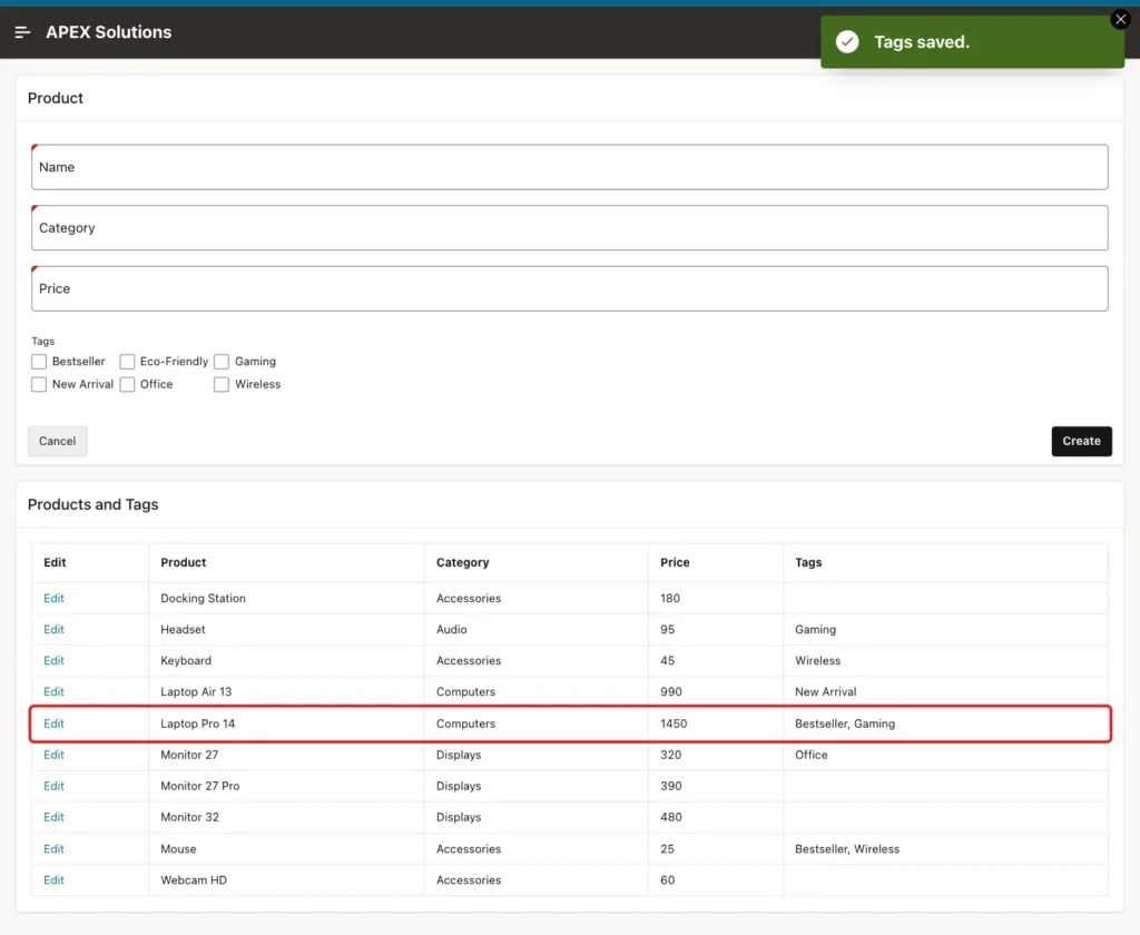 Product Tags page with the message Tags saved. and the Laptop Pro 14 row showing Bestseller, Gaming marked with a red box