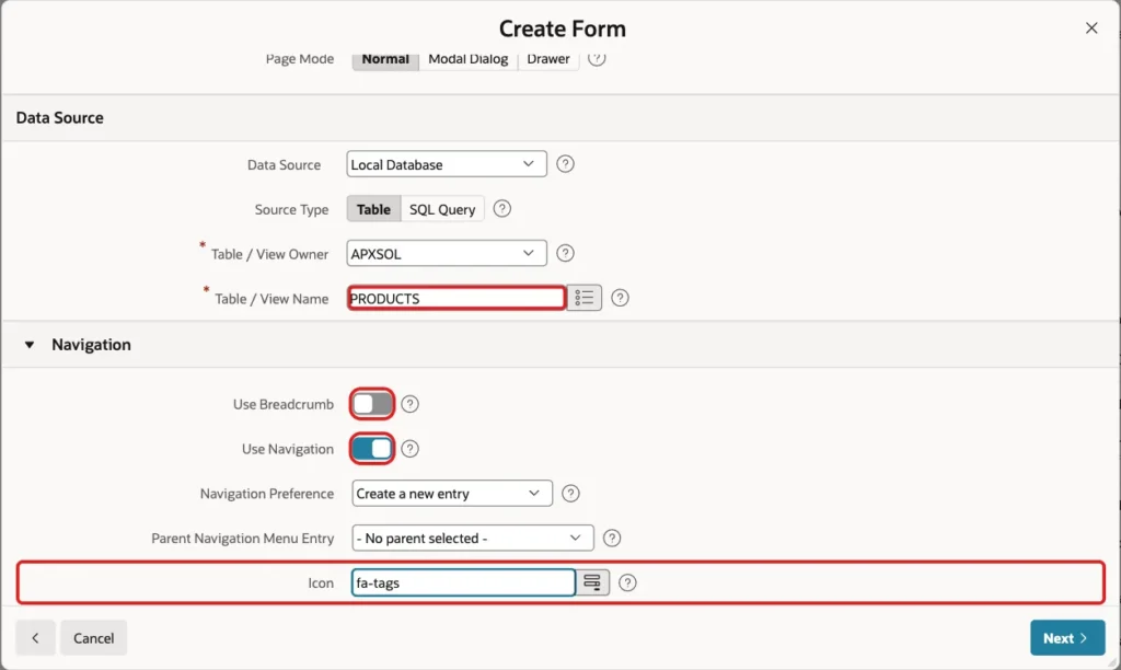 Create Form wizard Navigation section with Use Breadcrumb off, Use Navigation on and Icon fa-tags marked with red boxes