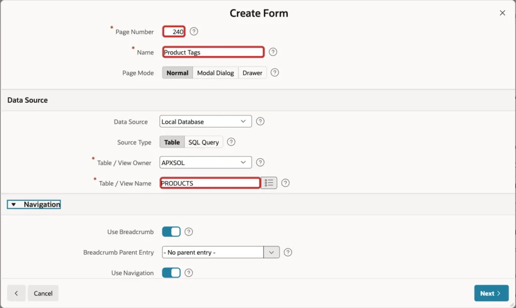 Create Form wizard with Page Number 240, Name Product Tags and Table / View Name PRODUCTS marked with red boxes