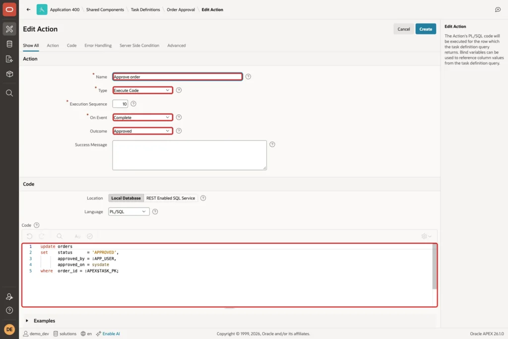 Edit Action page with Name Approve order, Type Execute Code, On Event Complete, Outcome Approved and the update code marked with red boxes