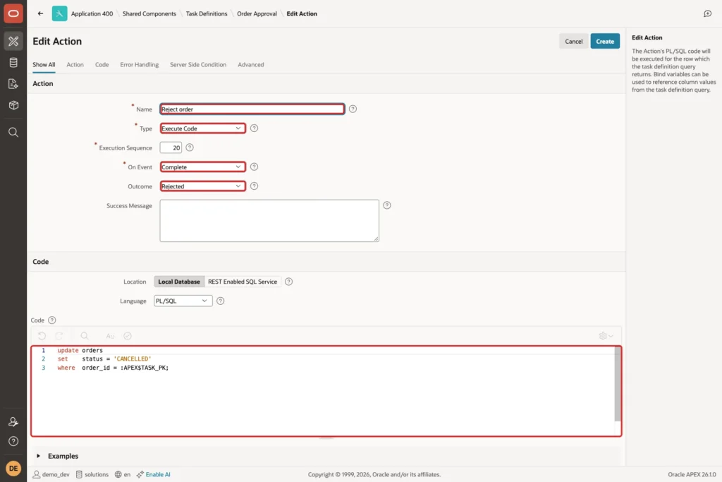Edit Action page with Name Reject order, On Event Complete, Outcome Rejected and the update code marked with red boxes